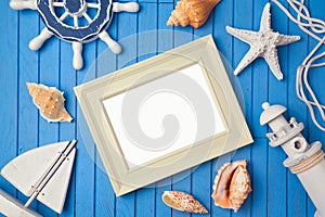 Summer holiday poster frame mock up template. View from above. Flat lay