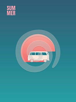 Summer holiday, road trip adventure and leisure vector concept. Minivan or campervan in sunset. Symbol of relax, cruise