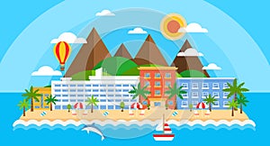 Summer holiday on sea banner. Bright travel summer island landscape in flat style. Beach island with mountains, hotels