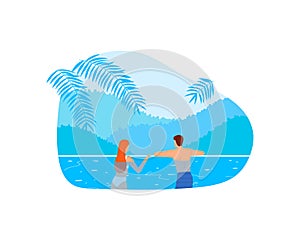 Summer holiday at sea, vacation at beach, people in tropical water background, vector illustration. Love couple