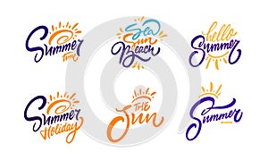 Summer holiday season lettering phrases set. Hand drawn colorful vector art quotes.