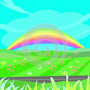Summer holiday season with rainbow blue sky outdoors landscape, flower plants, hills, background texture scene vector illustration