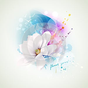 Summer holiday spirits abstract composition. Blooming white magnolia with lettering pleasant journey on the abstract