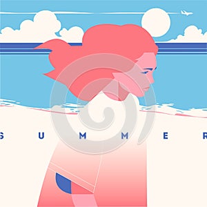 Summer Holiday and Summer Camp poster. Sea sunset, girl walking on beach.