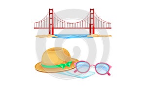 Summer holiday symbols set. Bridge, sunglasses and straw hat vector illustration