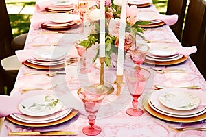 Summer holiday tablescape, pink formal dinner table setting, table scape with elegant tableware and dinnerware for