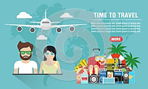 Summer holiday. Time to travel young people concept design flat banner. Travel icon. Safe journey