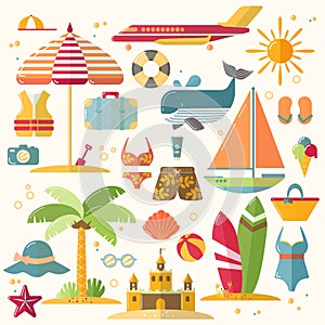 Summer holiday, tourism and vacation flat icons. Vector illustration of summer vacation accessories, flat icon set