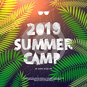 Summer Holiday and Travel themed Summer Camp poster, vector illustration.
