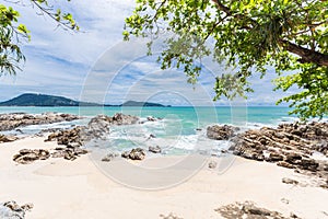 Summer holiday and vacation background concept of beautiful leaves frame trees on tropical beach