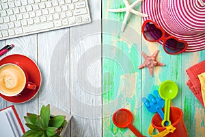 Summer holiday vacation concept with beach accessories and office desk background. Top view from above