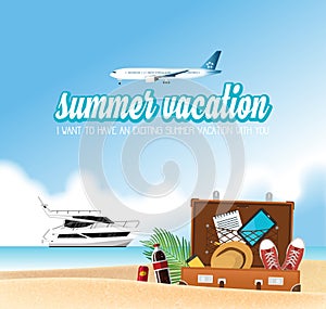 Summer holiday vacation concept, Boat and airplane illustration