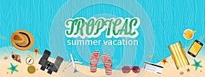 Summer holiday vacation concept, Wooden floor flat illustration