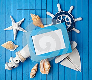 Summer holiday vacation photo frame mock up template with nautical decorations.