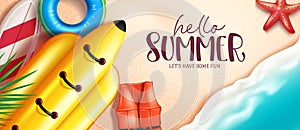 Summer holiday vector background design. Hello summer text in beach sand background with floaters and life vest tropical season.