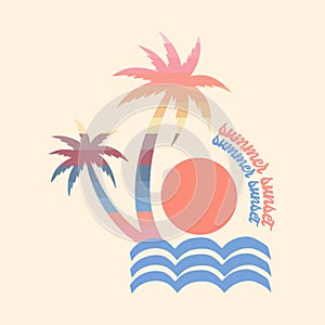 Summer holiday vector illustration retro summer vacation, beach, sunset, ocean waves