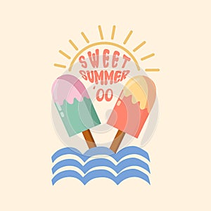 Summer holiday vector illustration retro summer vacation, beach, sunset, ocean waves