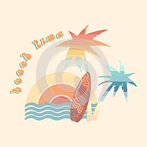 Summer holiday vector illustration retro summer vacation, surfing, beach, sunset, ocean waves, palm trees