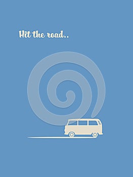 Summer holiday vintage retro poster with road trip symbol. Small minivan car. Adventure vacation, traveling and freedom