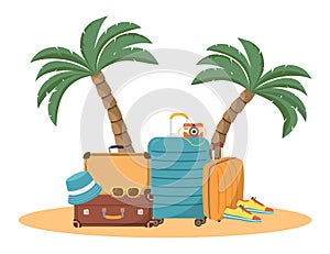 Summer holidays background on the beach with travel accessories. Vector illustration