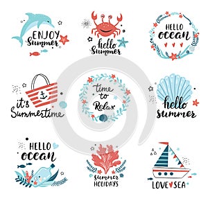 Summer holidays badge set with beach elements and calligraphy quotes