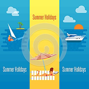 Summer Holidays Banner with Girl on Beach.