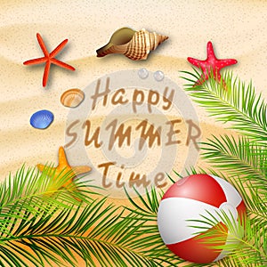 Summer holidays beach background with starfish, corals, ball, and palm trees