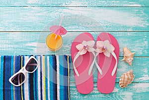 Summer Holidays. Beachwear on wooden background