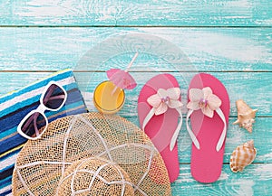 Summer Holidays. Beachwear on wooden background