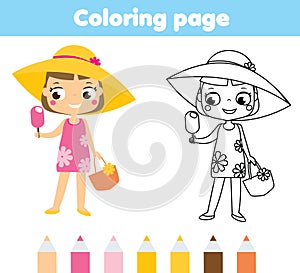 Summer holidays coloring page for kids. Girl in beach dress eating ice cream