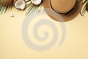 Summer holidays concept. Top view photo of sunhat cracked coconuts and green palm leaves on isolated beige background with empty