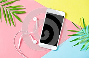 Summer holidays flat lay Mobile phone headphones