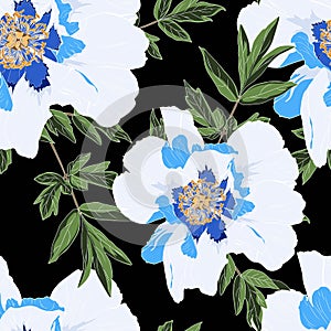 Summer holidays garden Delicate blue white pattern of peony flowers. Roses, peony, anemones and eucalyptus, succulent.