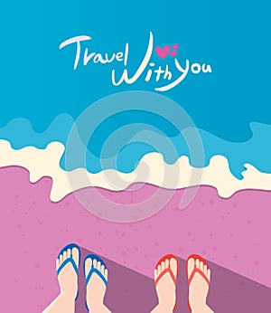 Summer holidays illustration,flat design beach and couple travel concept