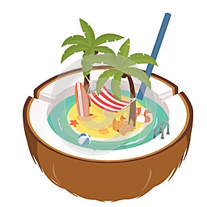 Summer holidays illustration. Stock vector. Colorful beach with beach elements in half a coconut. Summer time concept.