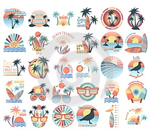 Summer holidays illustrations set, retro summer vacation, surfing, beach, sunset, ocean waves, palm trees elements and symbols