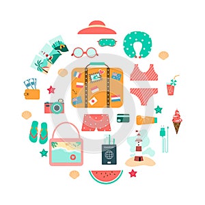 Summer holidays and international travel. Icon set with swimsuit, travel backpack, passport, suitcase and mobile phone charger.