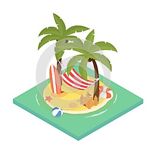 Summer holidays isometric illustration. Stock vector.Colorful beach with palm trees, beach hammock. Summer time concept.