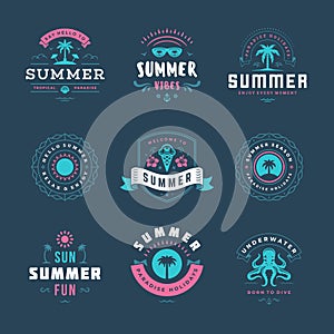 Summer holidays labels and badges retro typography design set.