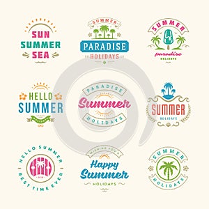 Summer holidays labels and badges retro typography design set.