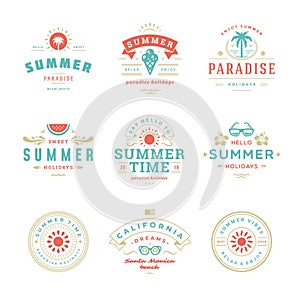 Summer holidays labels and badges retro typography design set.