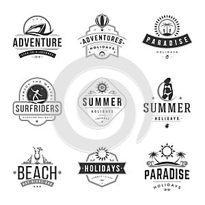 Summer holidays labels or badges retro typography vector design templates set