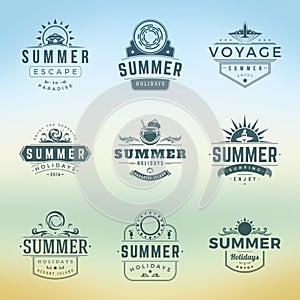 Summer holidays labels or badges retro typography vector design templates set.