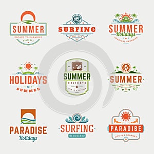 Summer holidays labels or badges retro typography vector design templates set.