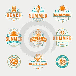 Summer holidays labels or badges retro typography vector design templates set.