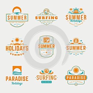Summer holidays labels or badges retro typography vector design templates set