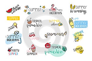 Summer holidays labels. Doodles colorful elements