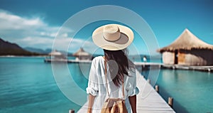 Summer holidays and leisure concept - happy young woman in white shirt and straw hat with bag over pier. Generative AI