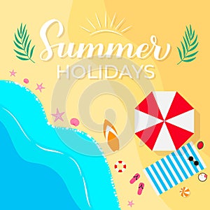 Summer holidays lettering on tropical beach background. Travel advertising banner. Vector template for poster, postcard