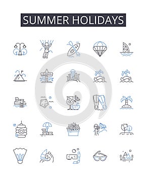 Summer holidays line icons collection. Vacation, Break, Getaway, Trip, Retreat, Respite, Leisure time vector and linear
